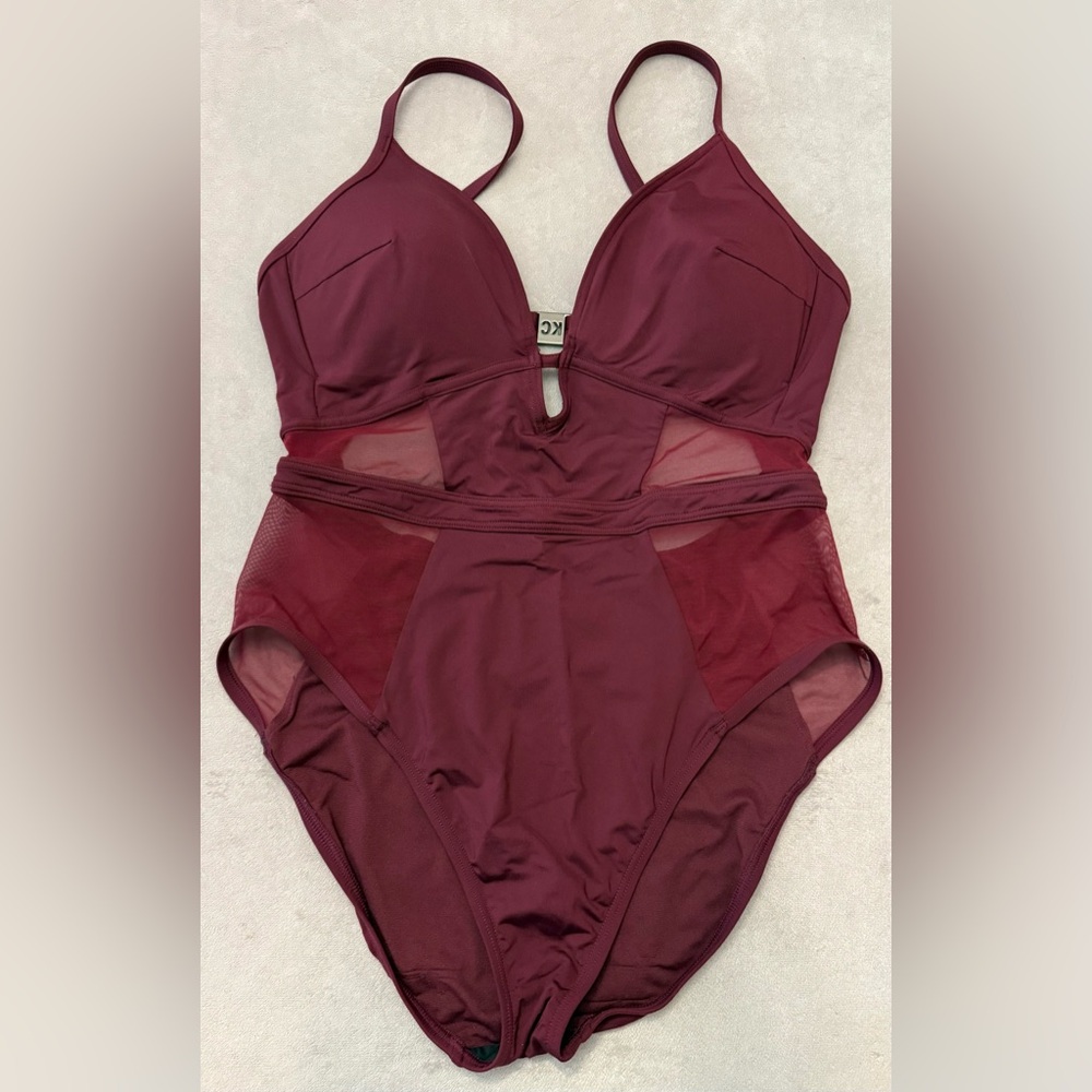 Kenneth Cole Reaction One Piece Swimsuit Womens Large Burgundy Mesh Panel Cutout